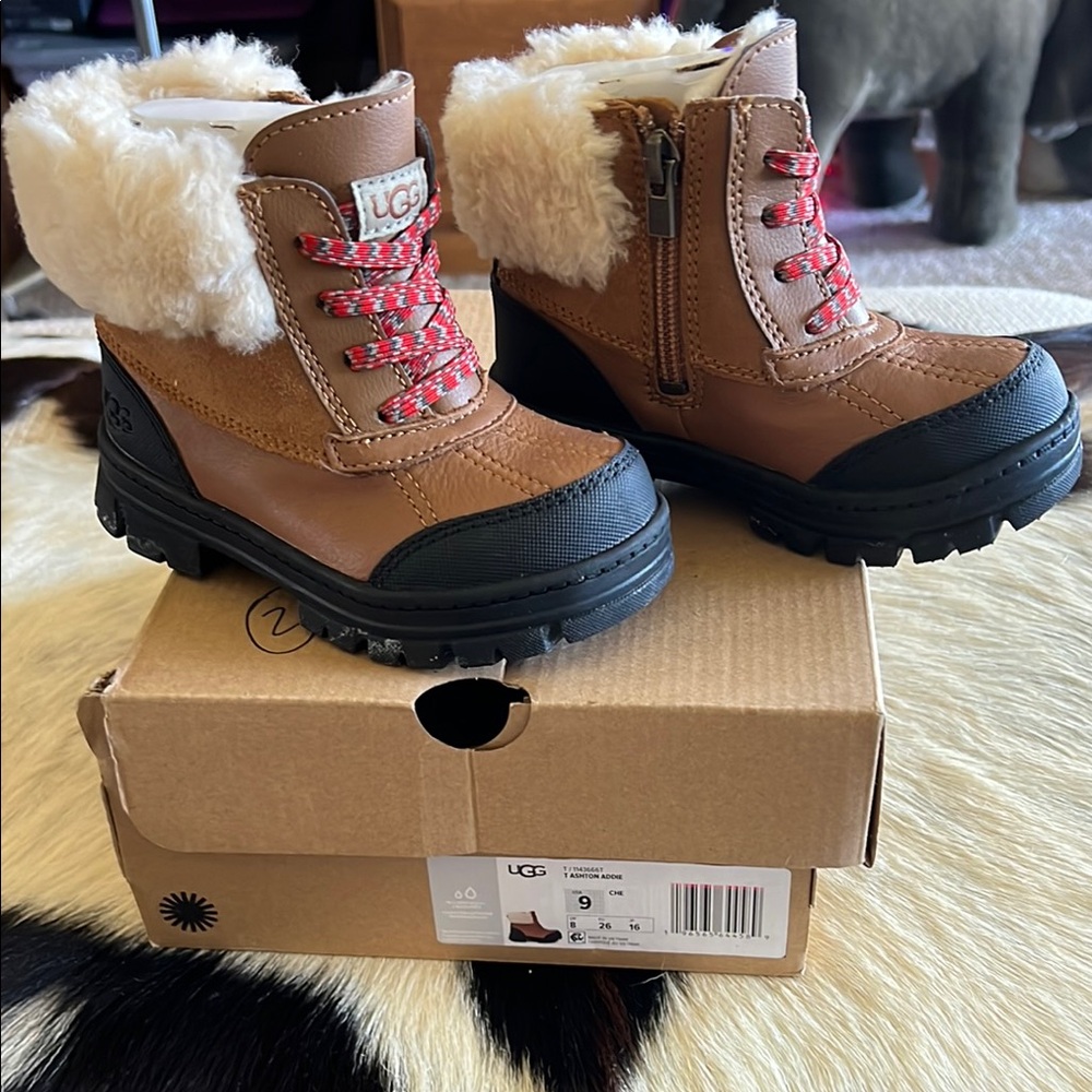 UGG Brown and Black Kids Boots with Red Laces